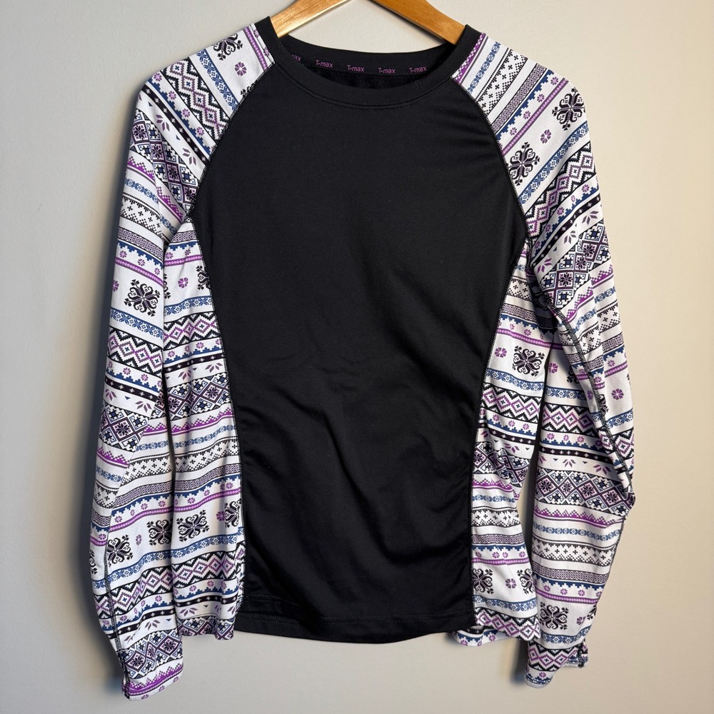 T-max Women's Long‎ Sleeve Fair Isle Print Athletic Top Black Size Large Casual